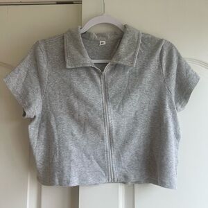 Gray Zip-Up Collared Crop Top
